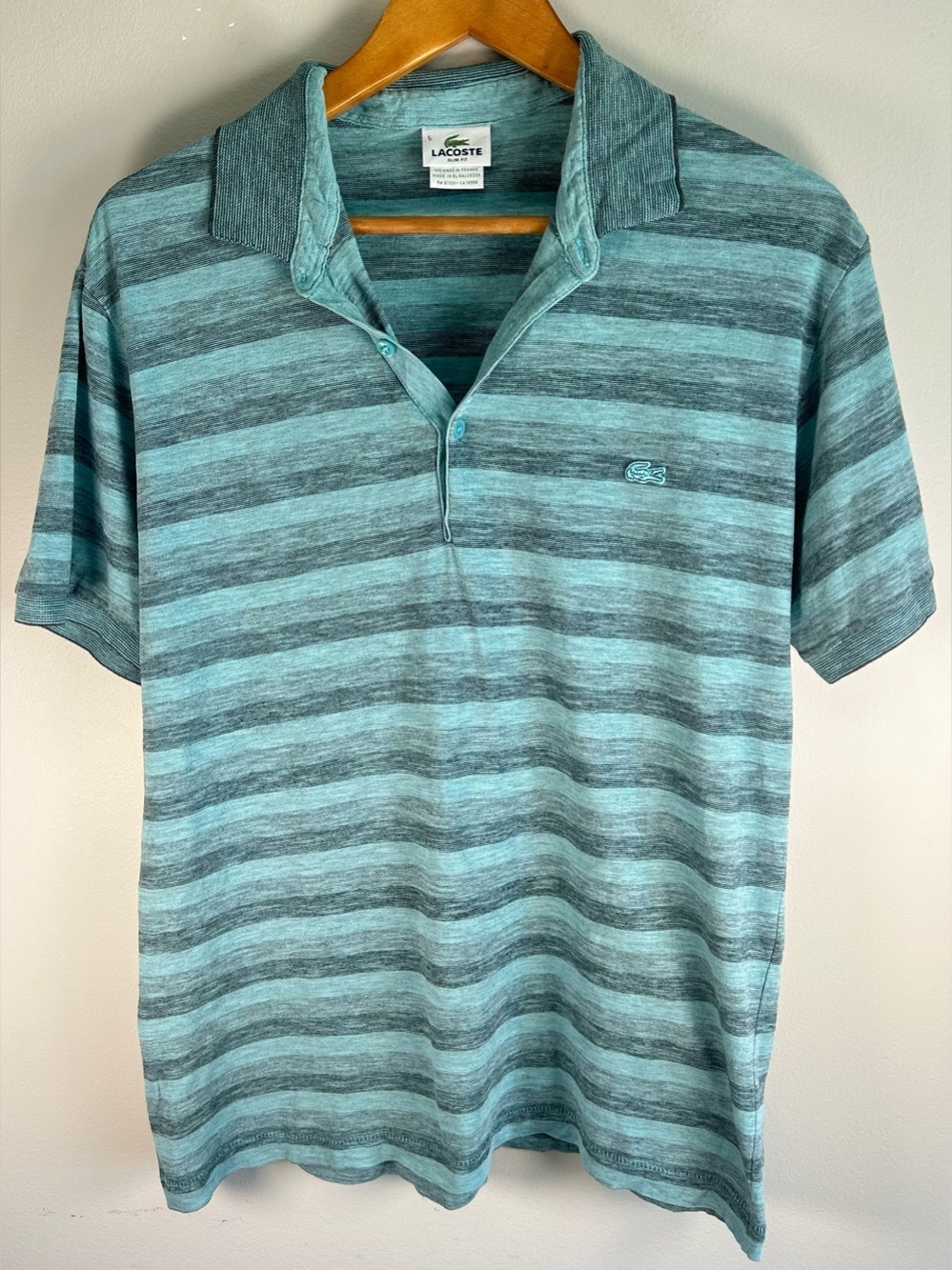 Vintage Lacoste Polo Shirt Sz 5 Short Sleeve Blue Teal Stripes Rayon Cotton EUC